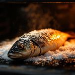 Teglia con pesce coperto di sale in forno