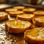 Fette di pane dorate sulla placca