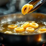 Anelli di calamaro immersi in olio bollente