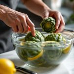 Carciofi freschi puliti e immersi in acqua e limone per non annerire