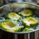 Cuori di carciofo tagliati a metà in pentola con acqua bollente