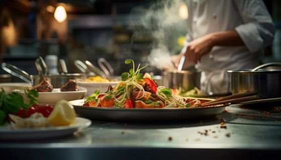 Chef cucina piatti deliziosi al ristorante
