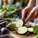 Mani che tagliano le melanzane nel senso della lunghezza