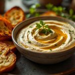 Piatto con crema di melanzane e pane tostato