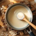 Cucchiaio di legno immerso nella crema calda