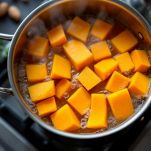 Zucca a pezzi in acqua bollente