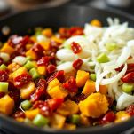 Cipolla, pomodori secchi e sedano in padella