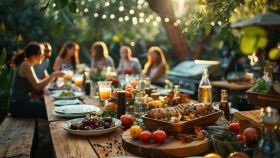 Gruppo di amici che cena in giardino al tramonto