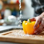 Peperone a listarelle e ortaggi tagliati