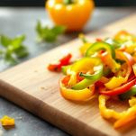 Peperoni e cipollotto tagliati sul tagliere