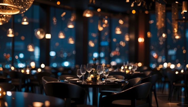 Interno di un ristorante con romantiche luci soffuse
