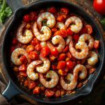 Padella con gamberi sgusciati e pomodori a pezzi