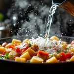 Padella con brodo o acqua aggiunta agli ingredienti