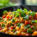 Ciotola con riso speziato e gamberi colorati