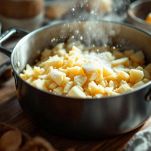 Pentola con mele e zucchero pronti per la cottura