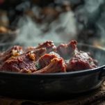 Pentola con carne che cuoce lentamente