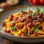 Piatto di pasta con sugo ricco e profumato