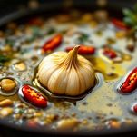 Spicchio d’aglio e peperoncino che sfrigolano in padella