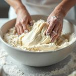 Farina, burro, zucchero e tuorli lavorati per ottenere impasto omogeneo