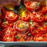 Pomodori crudi conditi in teglia