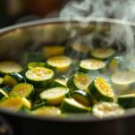 Padella con zucchine che stufano sul fuoco