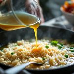 Riso in cottura mescolato con mestolo