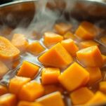 Cubetti di zucca immersi nel brodo caldo