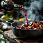 Pentola con carne e vapore del vino in evaporazione