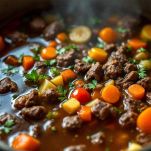 Pentola con carne e verdure immerse nel brodo
