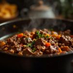 Pentola con carne in lunga cottura sul fuoco