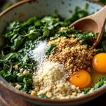 Ciotola con spinaci, pane, uova e formaggio
