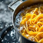 Pentola con pasta fresca in cottura