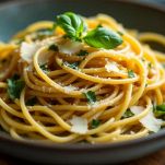 Piatto di pasta al limone con basilico fresco