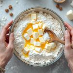 Ciotola con farina burro e zucchero per la frolla