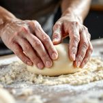 Mani che impastano pasta morbida