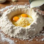 Farina a fontana con uova, olio, formaggi, sale e latte con lievito al centro