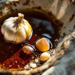 Ciotola con aglio tritato, olio extravergine, aceto balsamico e prezzemolo