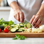 Zucchine, melanzane e cipolla tagliate pronte per la cottura