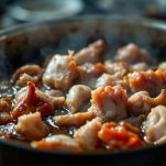 Pentola con costine e altri tagli di maiale durante la cottura