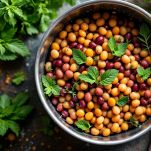 Pentola con legumi e foglie di maggiorana e menta