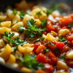 Padella con battuto che rosola con salsa di pomodoro