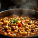 Pentola con zuppa ricca di legumi, verdure e pasta