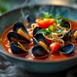 Piatto di zuppa di cozze con gusci e erbe fresche