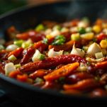 Padella con olio e verdure tritate che cuociono