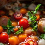 Pentola con brodo di cozze, pomodori e aromi