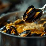 Pentola con zuppa di cozze che sobbolle