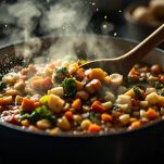 Pentola con zuppa mentre viene trasformata in purea