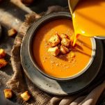 Ciotola con vellutata di zucca e pane tostato