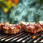 Braciole di abbacchio in cottura sulla griglia.