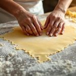 Sfoglia di pasta sottile stesa sul piano di lavoro.